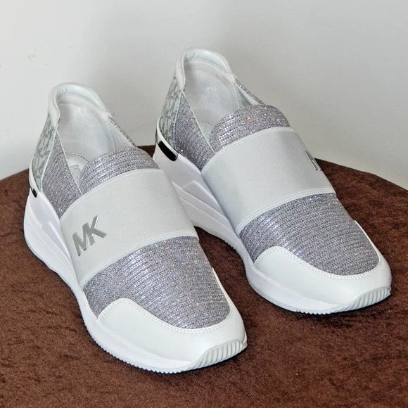 Michael Kors Felix Trainer Silver Rainbow Glitter Wedge Sneaker Shoe 8.5 M NIB - Picture 5 of 11
